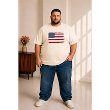 Sngl Tekstil Erkek Büyük Beden Kısa Kollu Amerika Bayrak Baskılı Tişört 3xl 4xl 5xl 6xl 7xl 8xl 9xl Ekru
