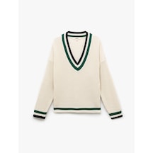 Koton Uzun Kollu V Yaka Çizgili Triko Oversize Kazak Ekru 5sak90043ht Ekru