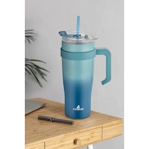İçi 304 Kalite Paslanmaz Çelik 1000 Ml Pipetli Termos Çift Katmanlı Renk Geçişli , Sızdırmaz Bardak Mavi