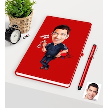 Kişiye Özel Bay Polis Karikatürlü Kırmızı Defter Kalem Seti - 2 Kırmızı