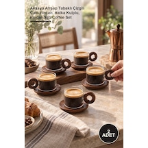 2 Adet Çizgili Akasya Kahve Takımı Akasya Ahşap Tabaklı Çizgili Cam Fincan, Halka Kulplu, Fincan Seti Coffee Set Diğer