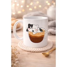 Sevimli Kedi Tasarımlı Porselen Kupa Model 195 Kahve İçinde Kedi Baskılı Porselen Kahve Kupası Kedi Severler İçin Hediyelik Porselen Kupa Bardak 330 Ml Diğer