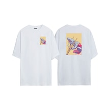 Thewert Unisex Köpek Balığı Suşi Ön Arka Baskılı Beyaz Oversize T-shirt