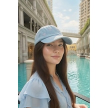 Mollycrush Lüks Fiyonk İşlemeli Şapka Şık Şehir Kombini Açık Mavi Kadın Kot Kep Fiyonk Detaylı
