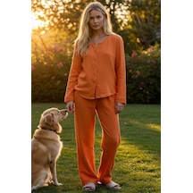 Combattente Exclusive Products Organik Müslin 2'li Takım - Kadın Pijama - Gömlek Takım- Naturel Doğal-oeko Tex Sertifikalı Kumaş turuncu