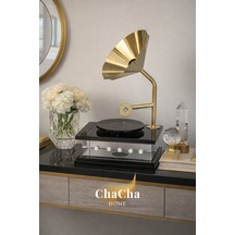 Siyah Kristal Cam Nostaljik Gramofon Obje 29x20 Cm - Gold Metal Borulu Lüks Ofis Masası Aksesuarı Biblo Cam - Metal