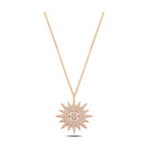 Çekirdekjewelry 925 Ayar Gümüş Rose Kaplama Güneş Model Zirkon Taşlı Kolye Pembe