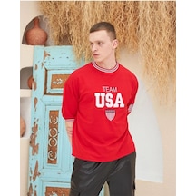 Nakış İşlemeli Ribanalı Oversize T-shirt - Kırmızı