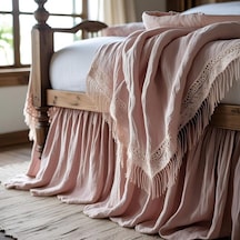 Rustik Şık Keten Fırfırlı - Yumuşak Pembe Yatak Eteği - 180x200 Pembe