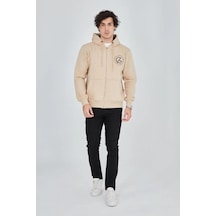 Erkek 3 İplik Pamuklu Fermuarlı Kapüşonlu Kanguru Cepli Baskılı Hoodie Hırka Sweatshirt - Bej Bej