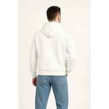 Modi Green Şardonlu Erkek Beyaz Hoodie 3 İplik Pamuklu Kumaş, Önü Baskılı, F Siyah
