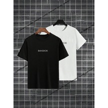 2'li Bangkok T-shirt - Siyah Beyaz Baskılı Oversize Bisiklet Yaka Kısa Kol Tişört Siyah Beyaz
