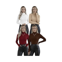 Hashtag Kadın Balıkçı Yaka Parmak Detaylı Body 4'lü Set Viskon Kumaş Bordo Siyah Bej Beyaz