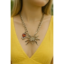 Gotik Örümcek Ve Kalp Figürlü Unisex Kolye 60 Cm Zincirli Dikkat Çekici Tasarım Çok renkli