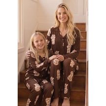 Siyah İnci Desenli Termal Kumaşlı Ultra Soft Yumuşak Düğmeli Örme Pijama Takımı 26226805 Kahverengi