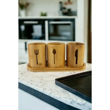 Bambu Stant Kaşıklık Kepçe 3 Bölmeli