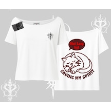 Tarzsokak Not Lazy Saving My Spirit Kedi Baskılı Kayık Yaka Tshirt Beyaz