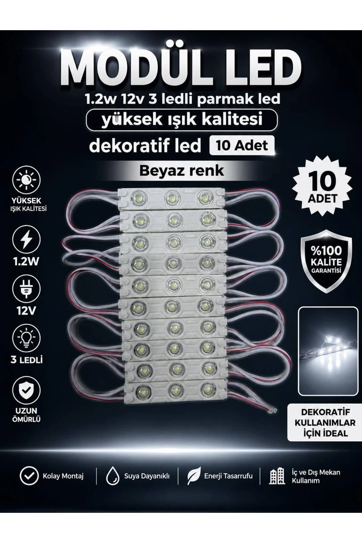 Modül Led 1.2w 12v 3 Ledli Parmak Led Yüksek Işık Kalitesi Dekoratif Led 10 Adet Beyaz