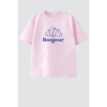 Monila Kız Çocuk Pamuklu Bisiklet Yaka Kruvasan Baskılı T-shirt Pembe