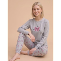 Wordex Fawn 6000 İnterlok Fiyonk Desenli Kışlık Ev Kadın Pijama Takımı Gri