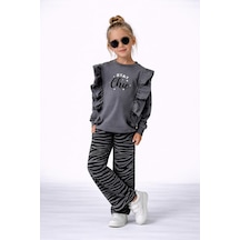 Kız Çocuk "stay Chic" Fırfırlı Sweatshirt Ve Zebra Desenli Pantolon Takım 50041g Gri