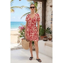 Lela Desenli Kruvaze Yaka Regular Fit Bayan Elbise 5865723 Bordo