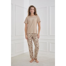 Kompedan Kadın Desenli Bisiklet Yaka Kısa Kollu Pijama Takım Kahverengi 30102-1173 Kahve