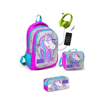 Coral High Kız Çocuk Pembe Unicorn 3'lü Çanta Takımı - USB Soketl