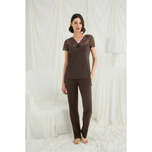 Ang Butik Kadın Kısa Kollu Ve Dantelli V Yaka Pijama Takımı Kahverengi