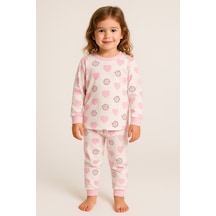 Uğur Bebe %100 Pamuk Premium Model Pembe Kalpli Kız Çocuk Manşetli Pijama Takımı Ekru Pembe Ekru Pembe