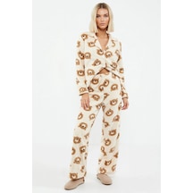 Benerly Kadın Gömlek Yaka Standart Kol Regular Kalıp Wellsoft Örme Pijama ekru