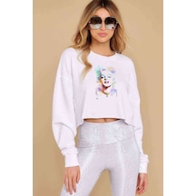 Marilyn Monroe Baskılı Crop Kadın Beyaz Sweatshirt