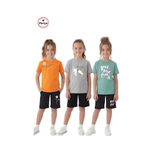 Fyk Kids 3 Lü Yuvarlak Yaka Kaprili Baskı Detaylı Yazlık Kız Çocuk 6 Parça Alt Üst Takım Turuncu - Yeşil