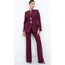Dorne Moda Kadın Gold Halka Düğme Detaylı Ceket Pantolon Takım bordo