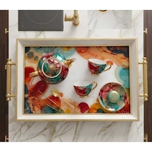 Soyut Desenli Dekoratif Tepsi & Krem Gold Çerceveli Kulplu Çay Kahve Sunum Tepsisi