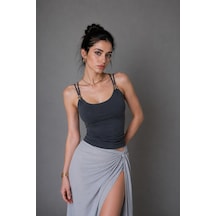 Wild Bee Kadın Antrasit Aksesuar Detaylı İp Askılı Slim Fit Bluz