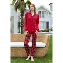 Remsa Kadın Ekose Desenli Önü Düğmeli Yumuşak Milan Kumaş Pijama Takımı 250352 Kırmızı Kırmızı