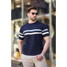 Madmext Madmext Lacivert Bisiklet Yaka Çizgili Erkek T-shirt E7412 Lacivert