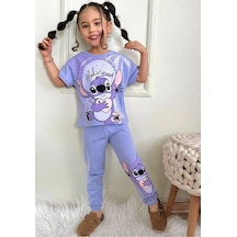 Kız Çocuk Stitchh Desenli Kısa Kollu Tshırt Eşofman 2'li Takım-985 Mor