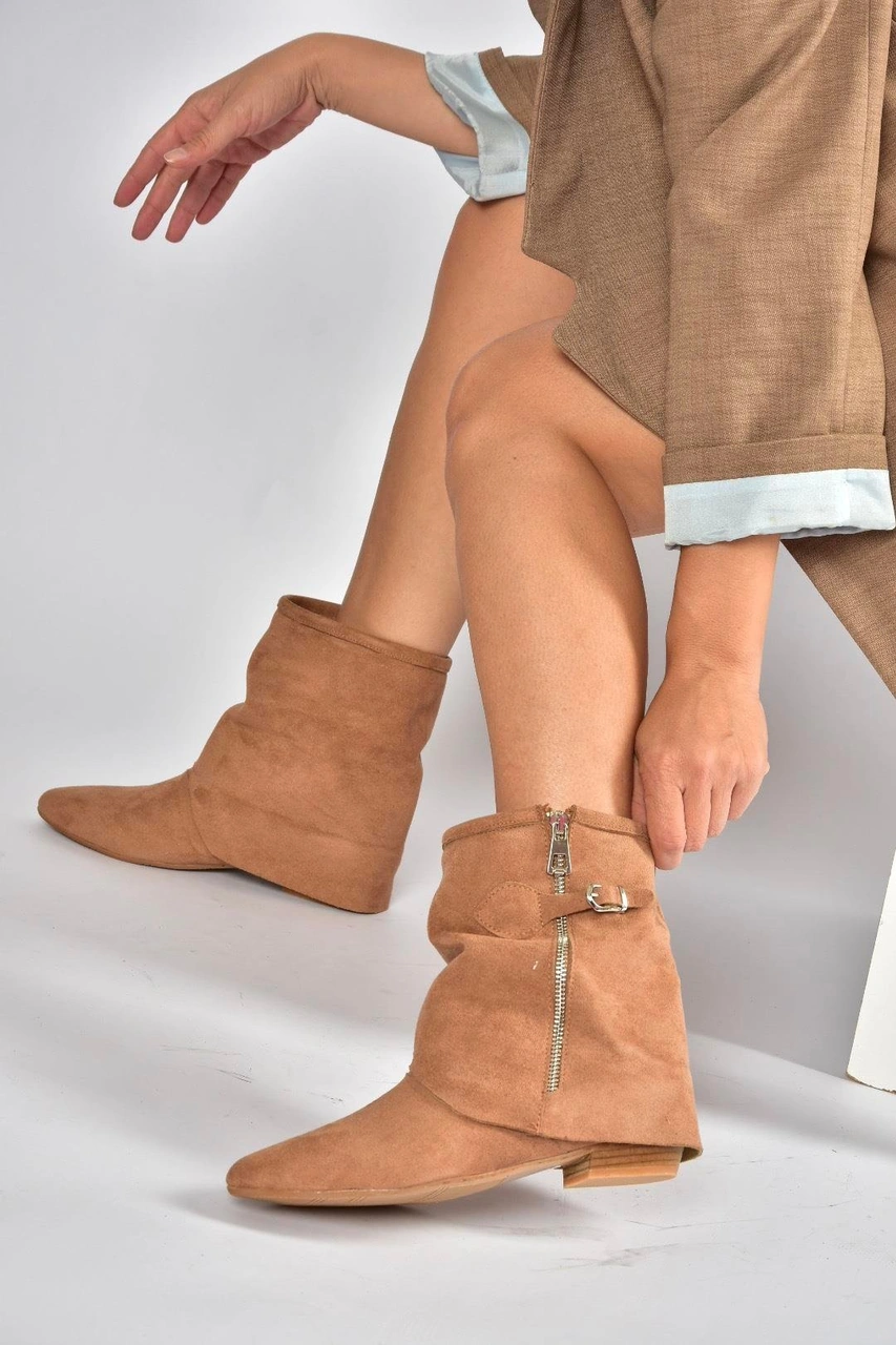 Fox Shoes V380518102 Taba Süet Düz Taban Fermuar Detaylı Kadın Bot Taba-Süet