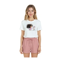 Kadın Beyaz Relaxed Fit %100 Pamuk Tişört Suluboya Kız & Çiçek Beyaz