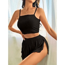 Kadın Siyah Yandan Yırtmaçlı Askılı Şortlu Pijama Takım 5041 Siyah