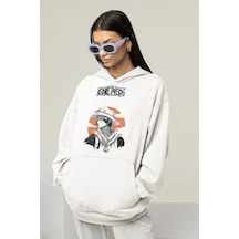 One Piece Baskılı Unisex Oversize Anime Hoodie Beyaz
