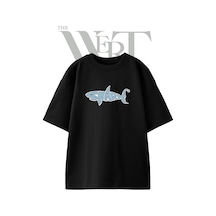 Thewert Shark Text Tasarım Baskılı Ünisex Siyah Oversize T-shirt