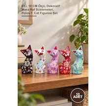 10 Adet Ahşap Kedi Figür Seti 5'li, 10 Cm Ölçü, Dekoratif Masa Raf Süslemeleri, Polos 7, Cat Figurine Set