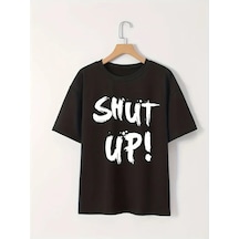 Kadın Tişört Shut Up Baskılı Kısa Kol Bisiklet Yaka T-shirt - Siyah