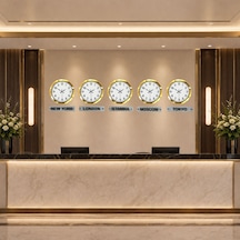 İhtişam Gold 36 Cm Metal 5 Li Tabelalı Dünya Saatleri Otel Ve Resepsiyon Saati