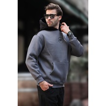 Madmext Füme Kapüşonlu Renk Bloklu Nakış Detaylı Erkek Sweatshirt 7088 Füme