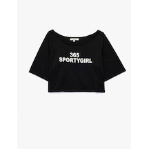 Koton Rahat Kalıp Kısa Kollu Kayık Yaka Baskılı Crop Spor Tişört Siyah 7wak10202nk