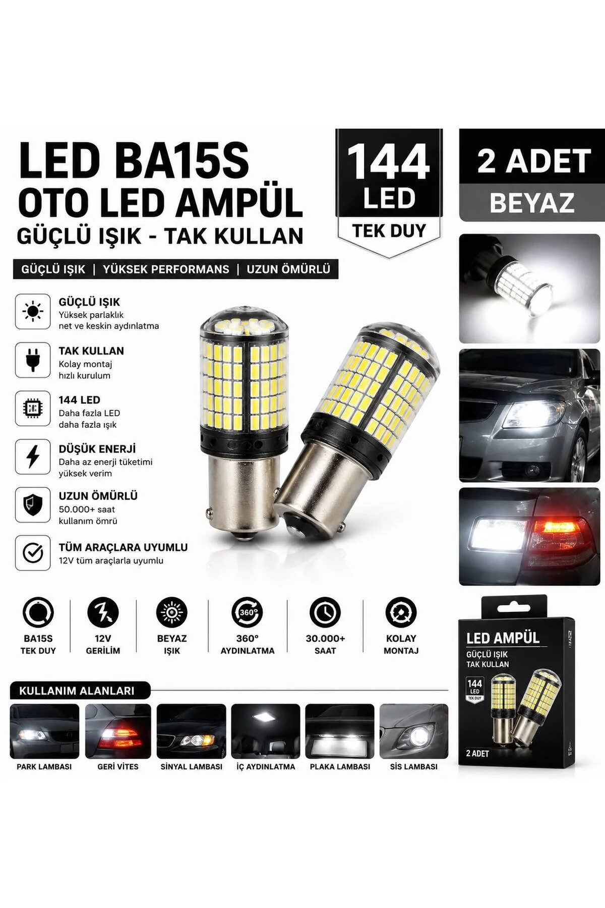 Oto Led Ampülü Güçlü Işık Tak Kullan 144 Led Tek Duy Güçlü Işık 2 Adet Beyaz